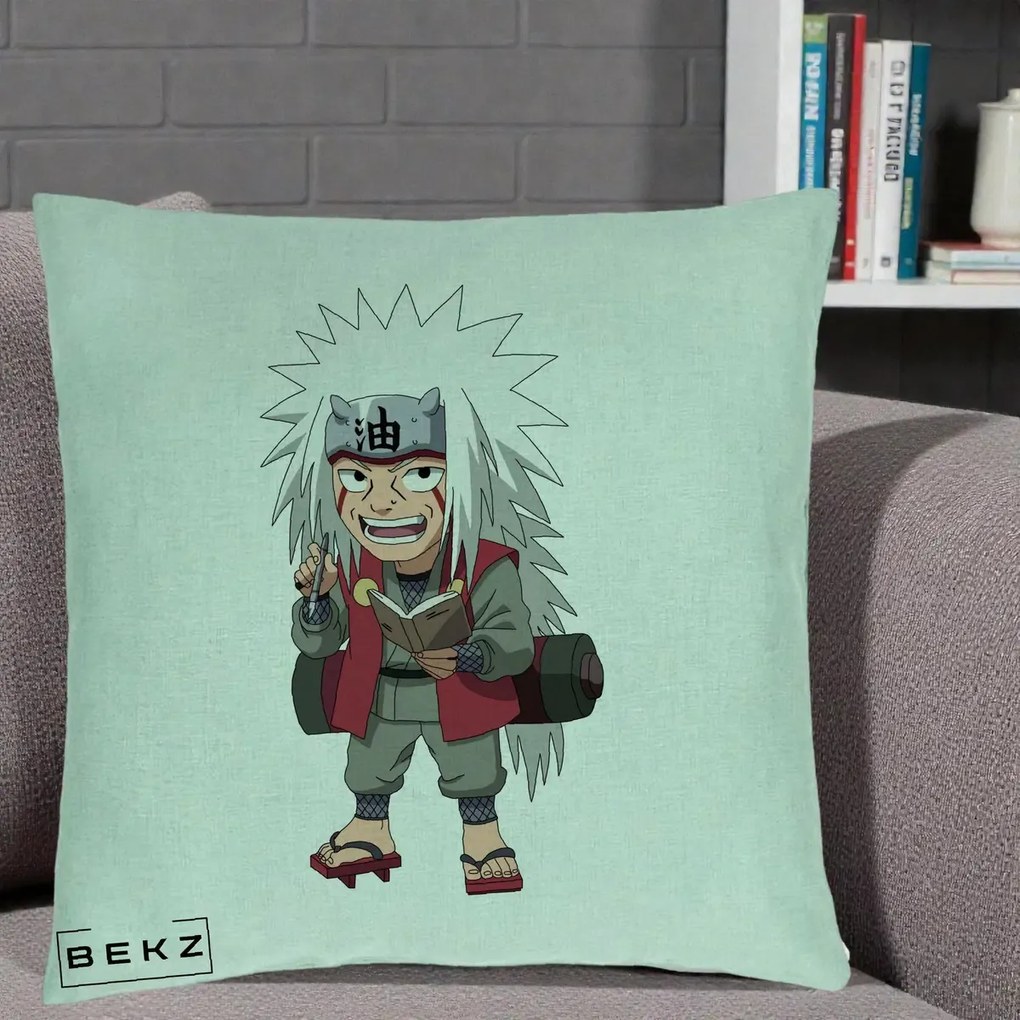 Perna Personalizata Naruto Jiraiya Sensei Chibi, 40x40 cm, Verde Menta, Husa Detasabila, Perna Inclusa, BEKZ®