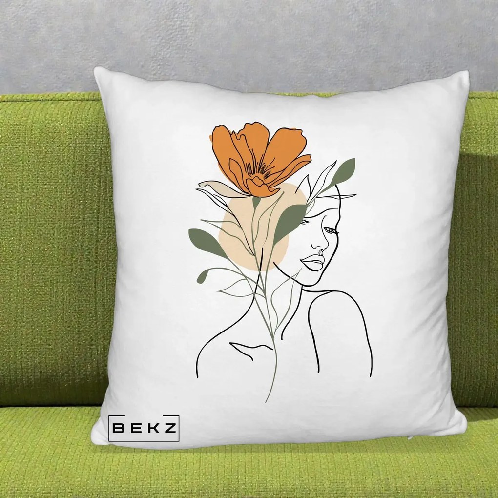 Perna Decorativa Portret Feminin Floare Portocalie, 40x40 cm, Alb Pufos, Husa Detasabila, Perna Inclusa, BEKZ®