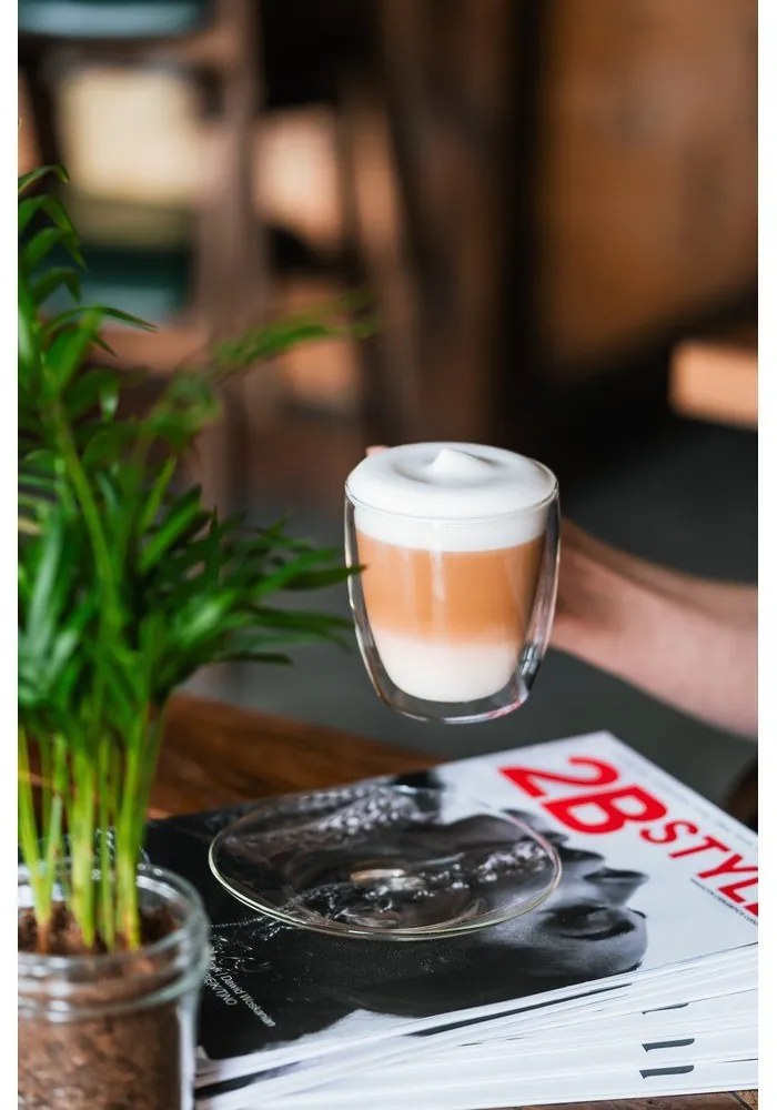 Set 2 pahare din sticlă cu perete dublu și farfurioară Vialli Design, 250 ml