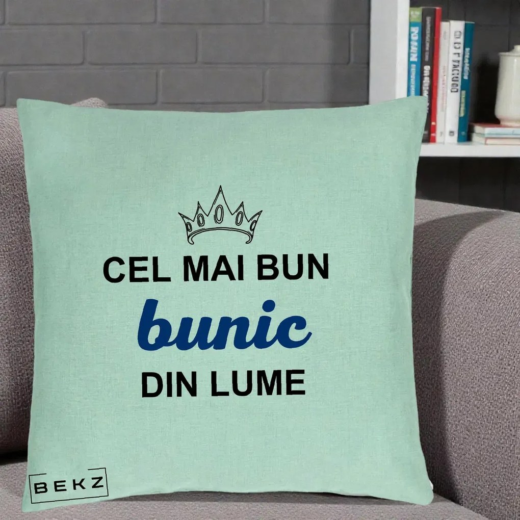 Cadou pentru Bunic - Perna Personalizata Cel Mai Bun Bunic Din Lume Coroana Albastra, 40x40 cm, Verde Menta, Husa Detasabila, Perna Inclusa, BEKZ®
