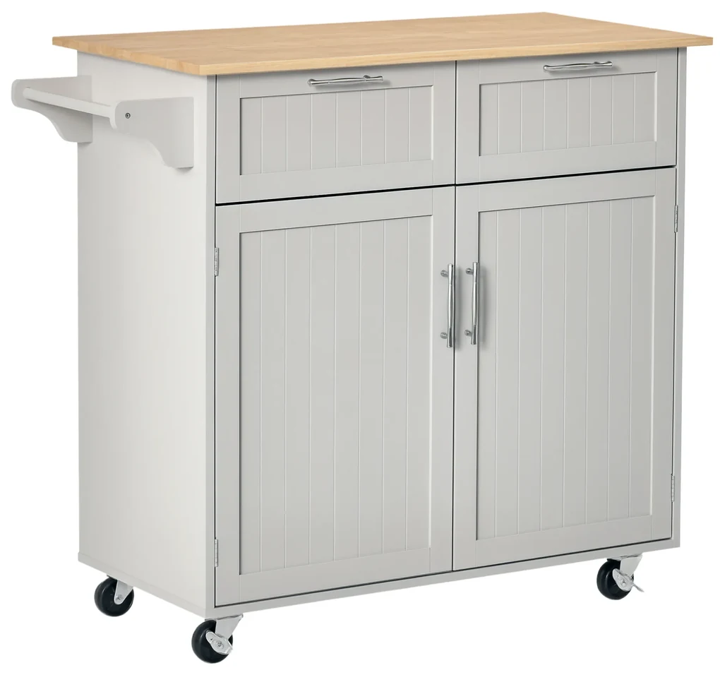HOMCOM Insulă de Bucătărie cu Blat de Lucru din Lemn de Cauciuc, Roți, 2 Sertare, Dulăpior și Rafturi, 104x46x91 cm, Gri | Aosom Romania