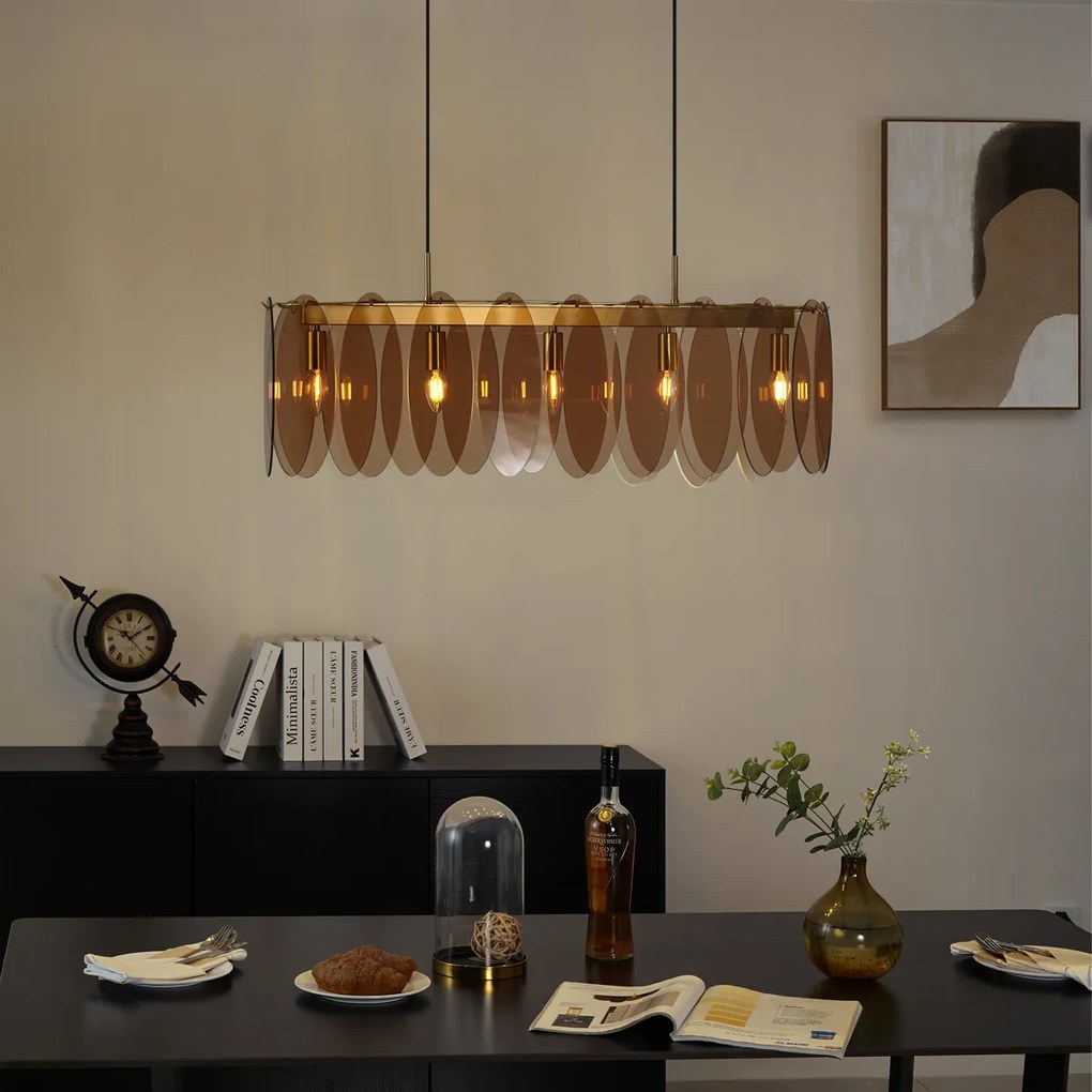 Lampă suspendată Art Deco aurie cu sticlă ovală ambră cu 5 lumini - Mochan