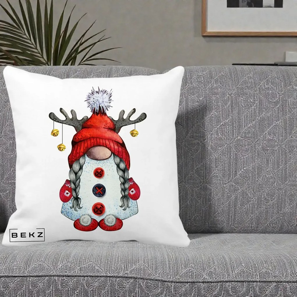 Perna Decorativa Pitic Gnom Craciun cu Coarne de Ren, 40x40 cm, Alba Mata, Husa Detasabila, Perna Inclusa, BEKZ®