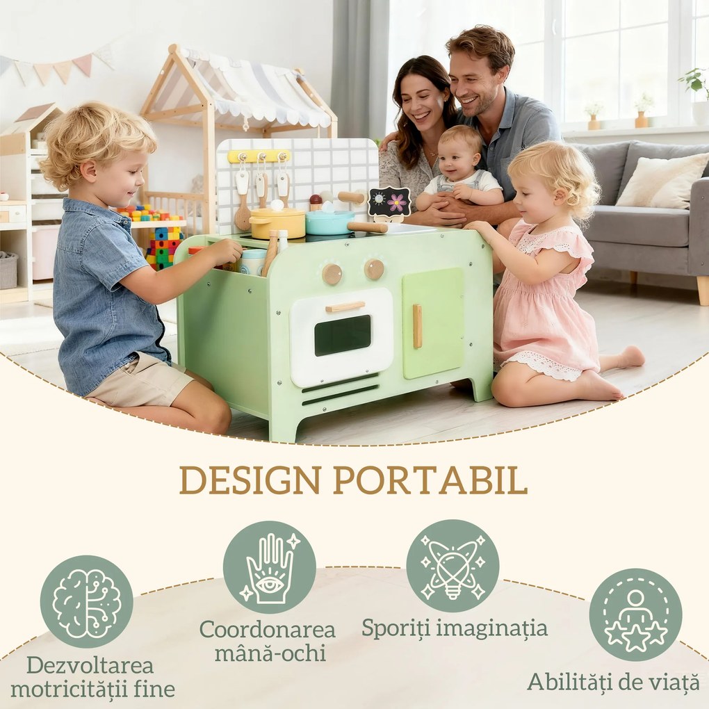 AIYAPLAY Set de Bucătărie de Jucărie din Lemn pentru Copii de 3+ Ani cu 15 Accesorii, Verde | Aosom Romania