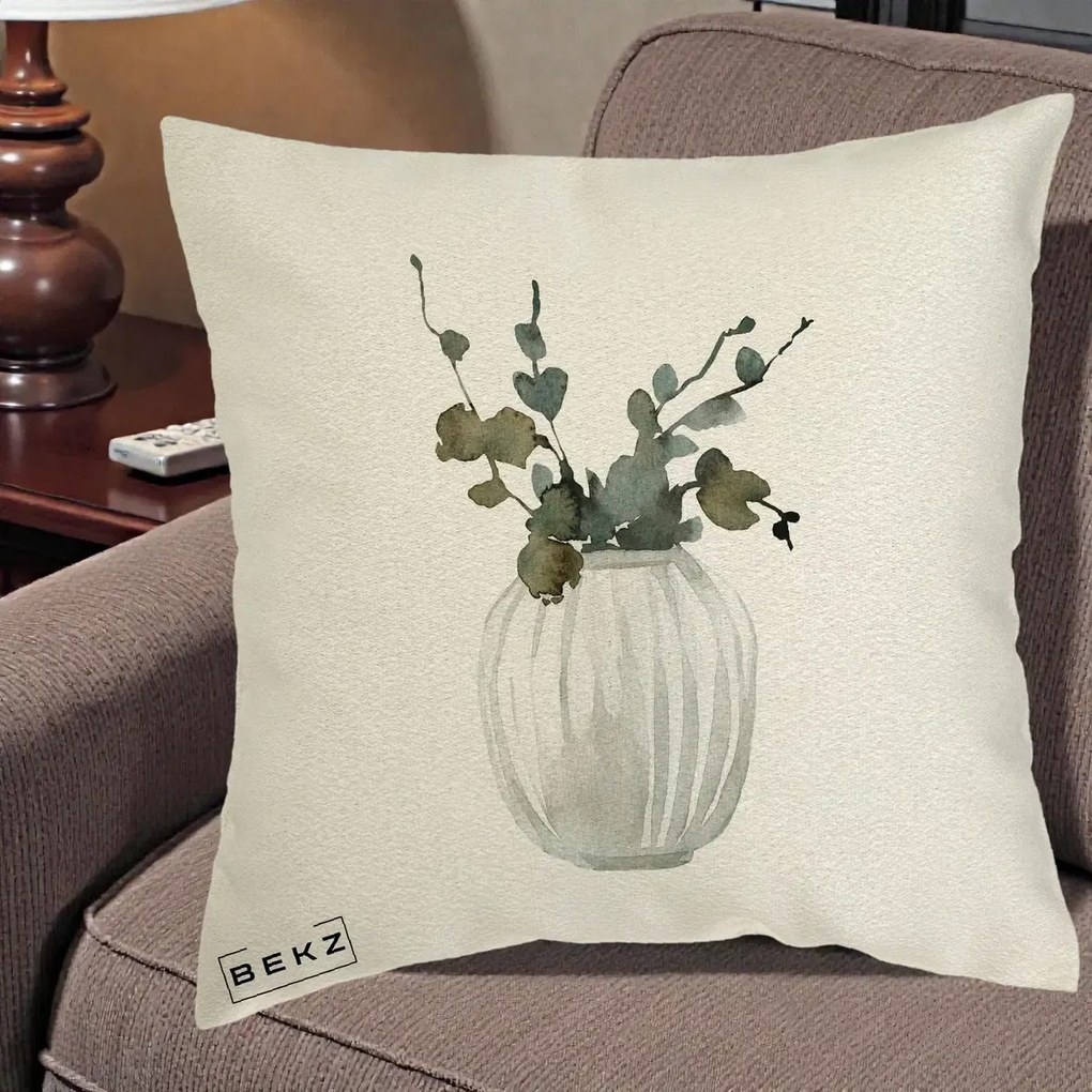Perna Decorativa Vaza cu Eucalipt Watercolor, 40x40 cm, Ecru, Husa Detasabila, Perna Inclusa, BEKZ®