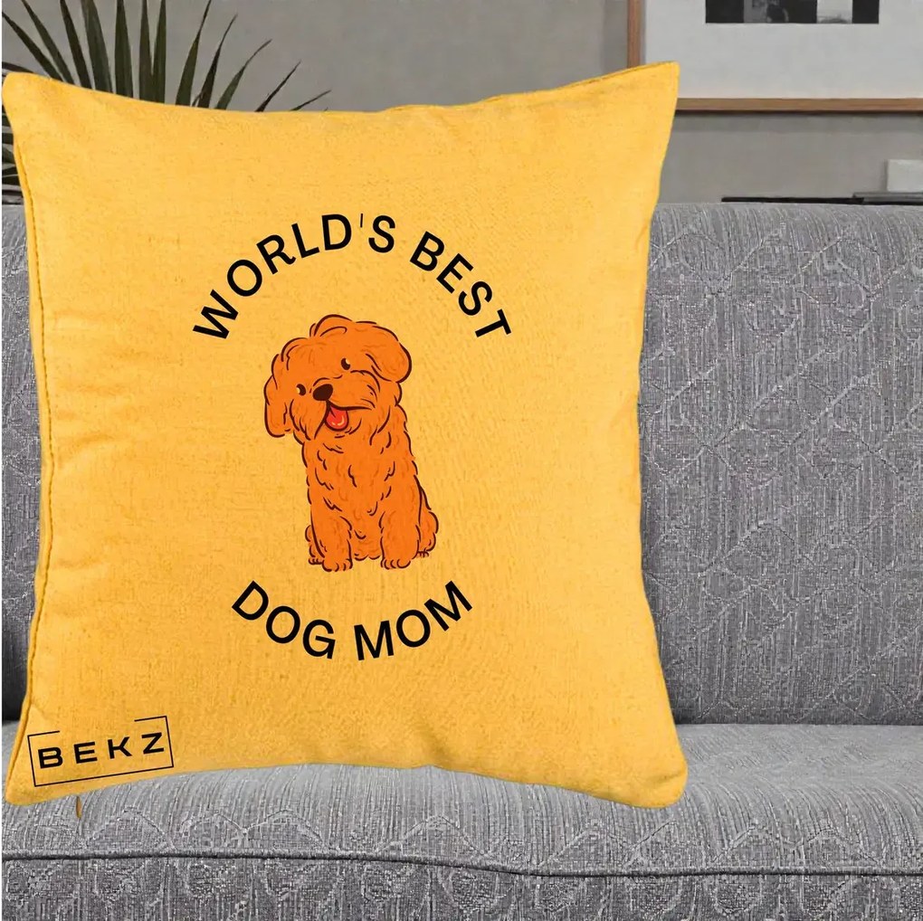 Cadou pentru Iubitorii de Caini - Perna Personalizata World's Best Dog Mom, 40x40 cm, Galben, Husa Detasabila, Perna Inclusa, BEKZ®