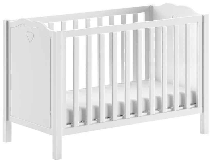 Pătuț Bebeluși AMORI, 60x120 cm, Alb (Pin Masiv și MDF), Design Romantic – Vipack