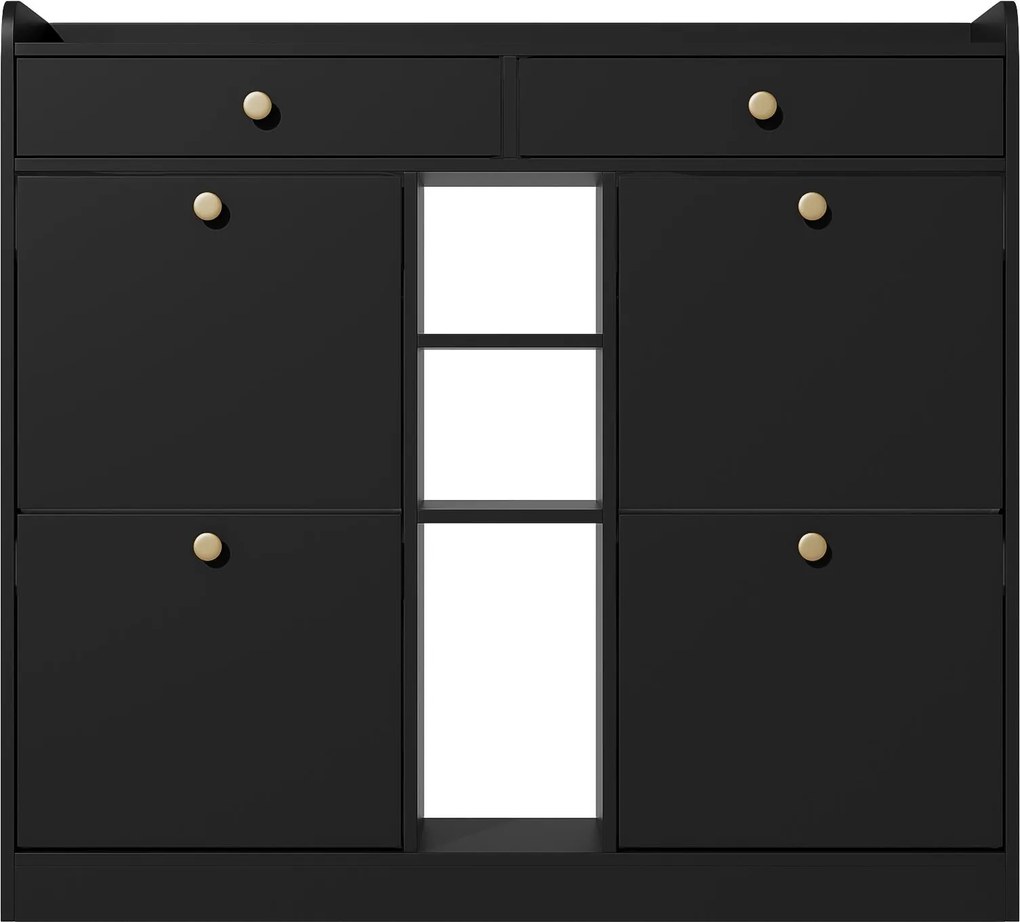 Dulap pentru pantofi cu 4 uși rabatabile, 2 sertare și 3 compartimente deschise, 110x26x100 cm, Negru