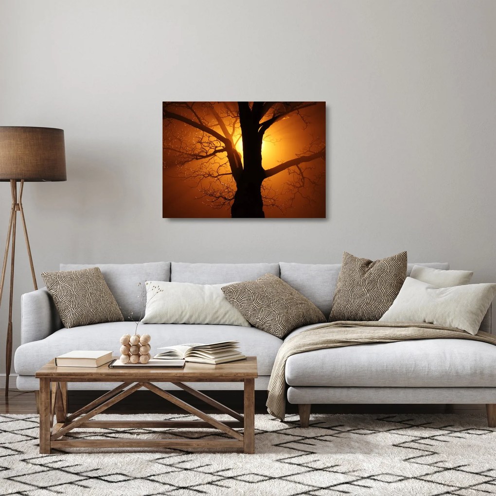 Tablou pe sticlă cu copac în apus de soare (70x50 cm)