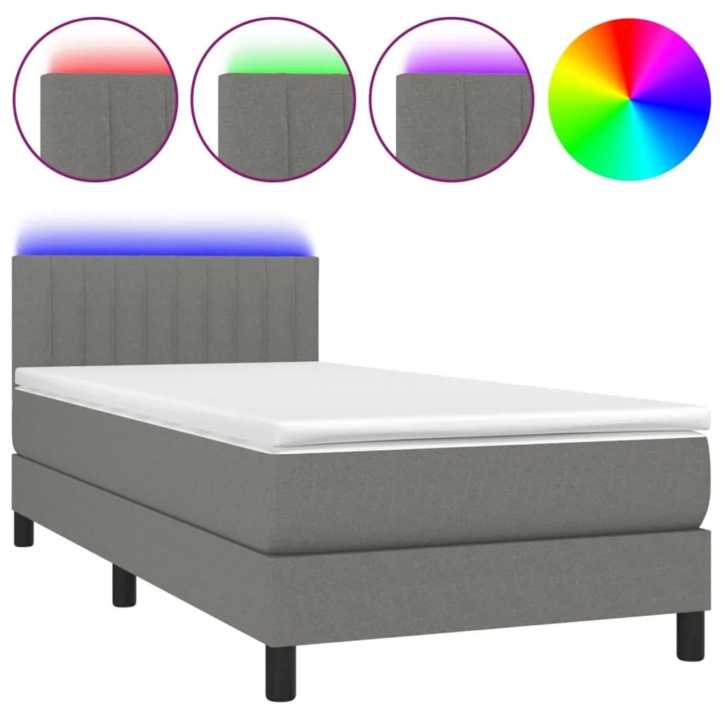 3133294 vidaXL Pat cu arcuri, saltea și LED, gri închis, 100x200 cm, textil