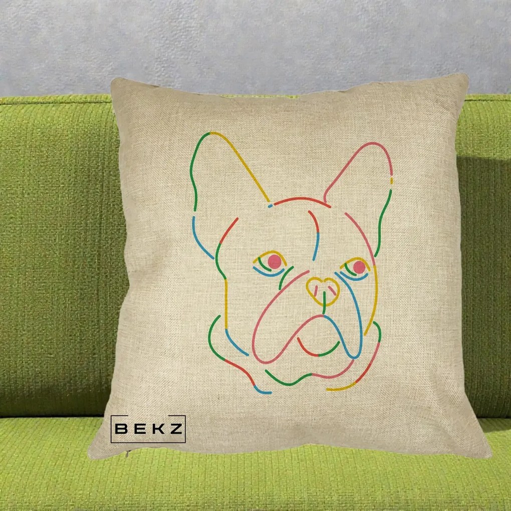 Perna Decorativa Bulldog Francez Line Art Curcubeu, 40x40 cm, Crem, Husa Detasabila, Perna Inclusa, BEKZ®