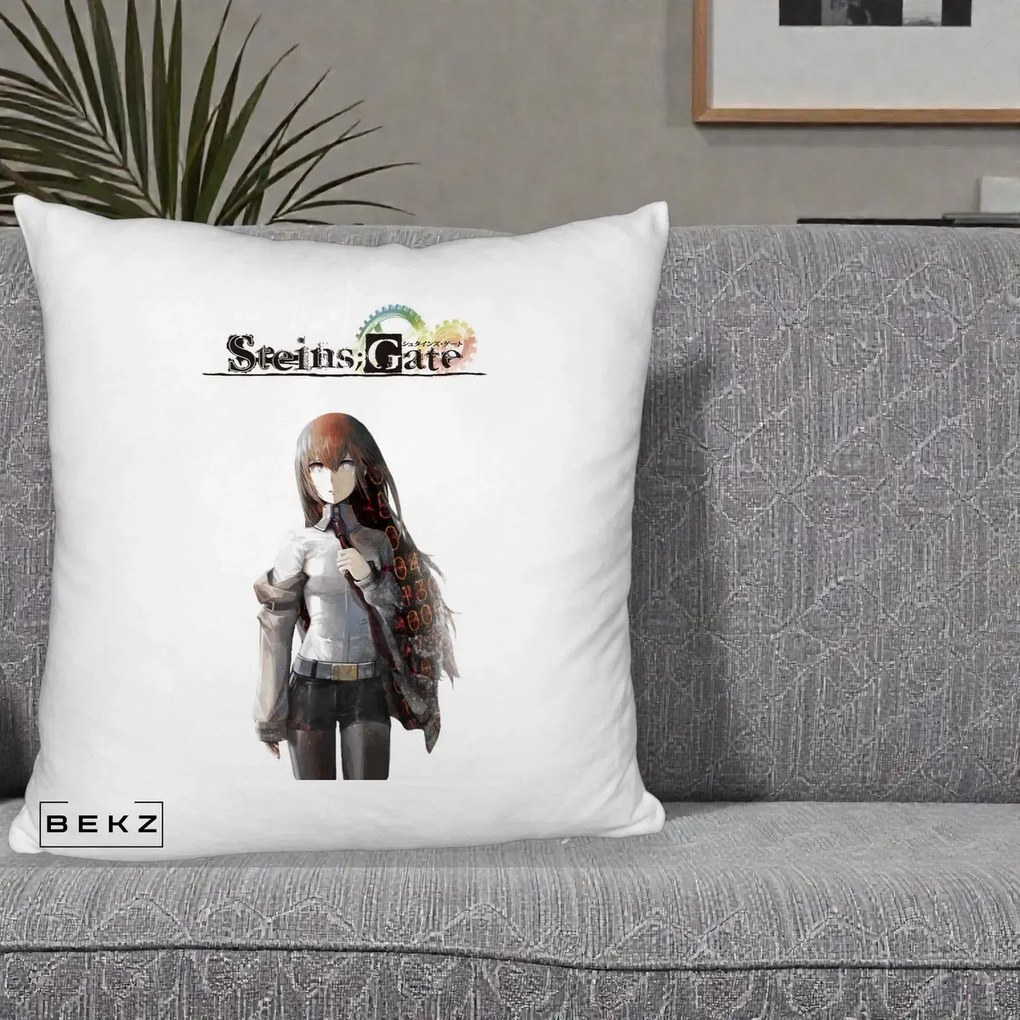 Perna Personalizata Steins Gate Kurisu Makise Anime, 40x40 cm, Alb Pufos, Husa Detasabila, Perna Inclusa, BEKZ®