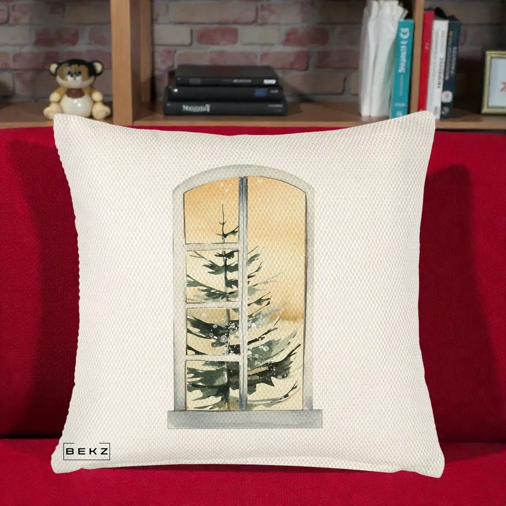 Perna Decorativa Fereastra cu Brad de Iarna, 40x40 cm, Crem Reliefat, Husa Detasabila, Perna Inclusa, BEKZ®