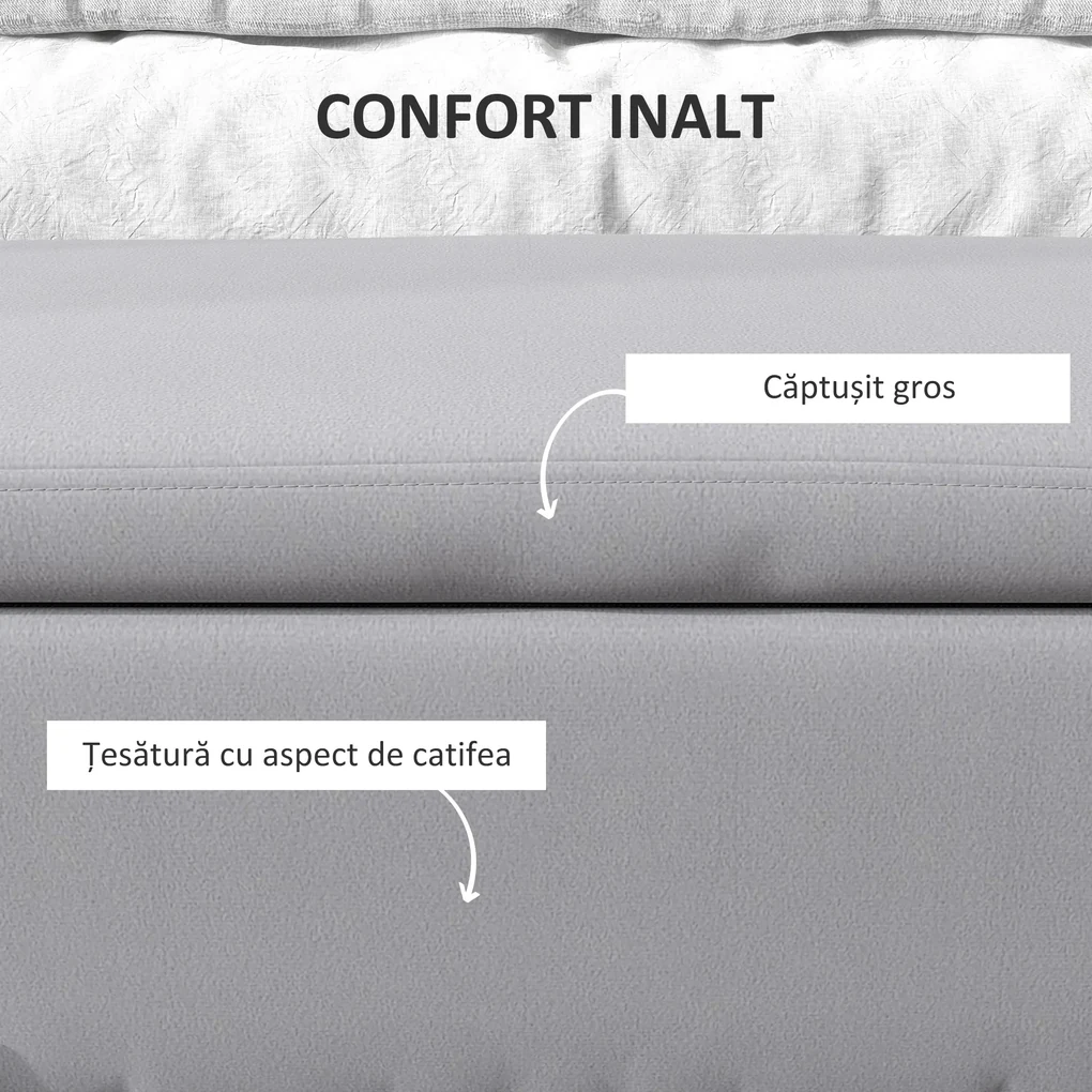 HOMCOM Bancă de Depozitare cu Șezut Tapițat și Picioare Lăcuite Aurii, 100x40x42 cm, Gri | Aosom Romania