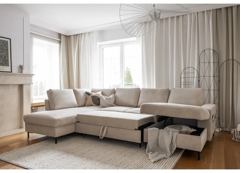 Colțar bej extensibil cu tapițerie din catifea reiată (cu colț pe partea stângă ) Lofty Lilly – Miuform