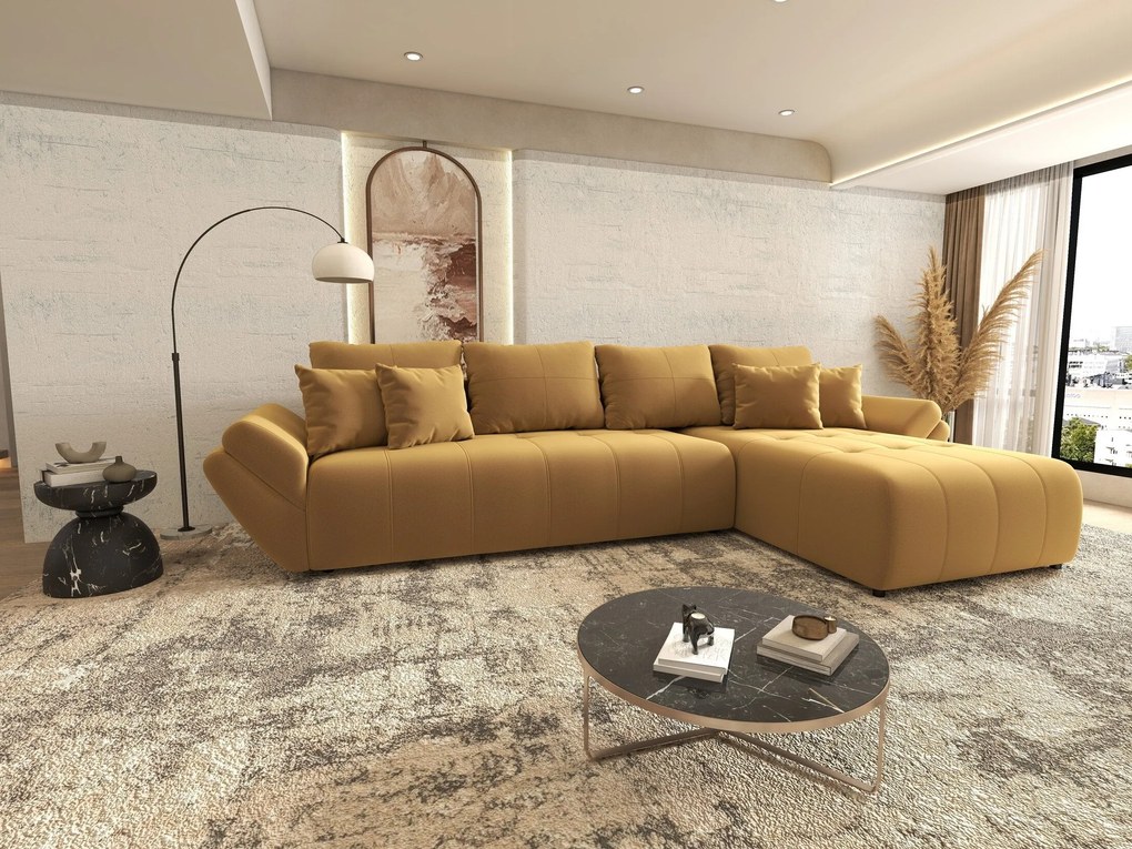 Colțar extensibil dumonde cu ladă de depozitare si sezut confortabil din spuma high-density, Berlin XL Royal Mustar 350x185 cm II