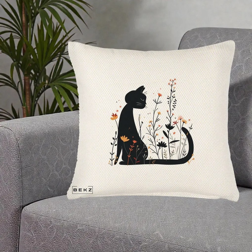 Perna Decorativa Pisica Neagra Flori Portocalii Silueta, 40x40 cm, Crem Reliefat, Husa Detasabila, Perna Inclusa, BEKZ®