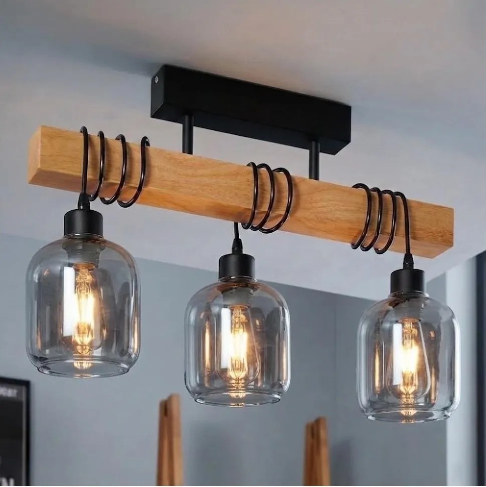 Brilagi - Lustră aplicată WOOD GLASS 3xE27/60W/230V pin/negru/gri fumuriu