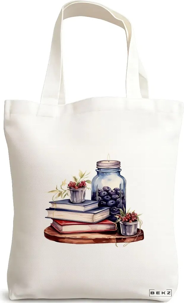 Sacosa de Panza pentru Cumparaturi, Geanta Tote, model Books and flowers 8 38 x 34.5 cm, Alba, BEKZ®