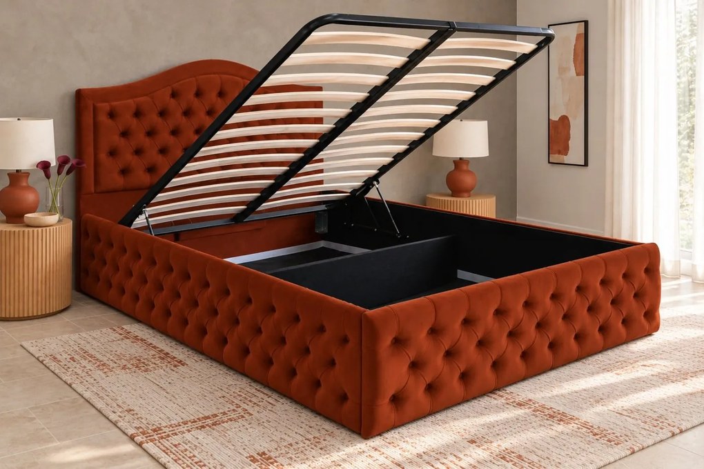 Pat tapițat Chesterfield din catifea Solaria Deluxe 200×200 cm, cărămiziu, cu ladă de depozitare