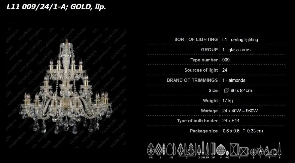 Lustra cristal Bohemia L11 009/24/1-A; GOLD, lip.