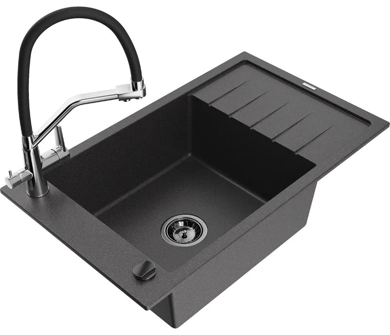 Mexen Elias chiuvetă de granit cu 1 cuvă, cu scurgător și baterie de bucătărie Duo, negru cu pete - 6511-76-671701-07-B