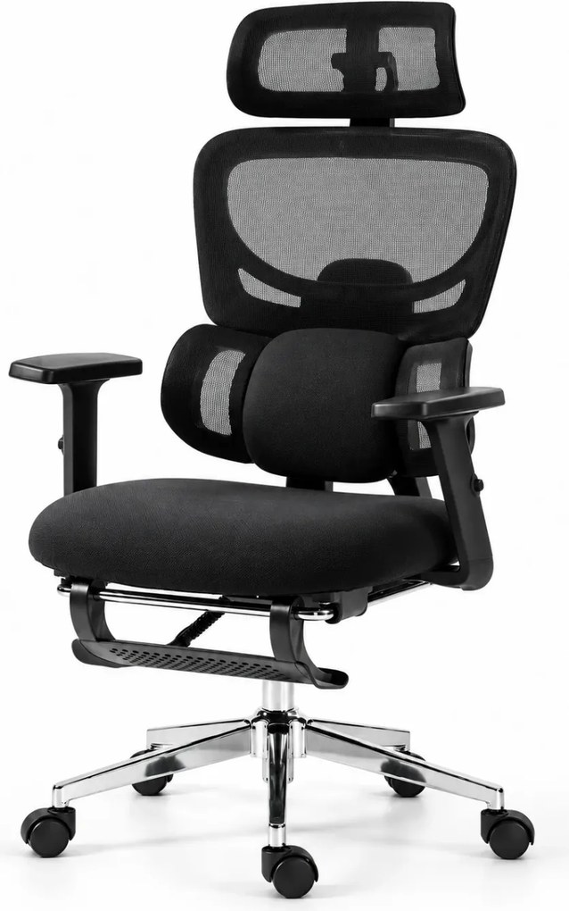 ErgoVanta — Scaun ergonomic, Spătar din Mesh, Suport lombar reglabil, Șezut buretat, Tetieră 2D, Cotiere reglabile, Mecanism cu blocare, Suport pentru picioare retractabil, Negru