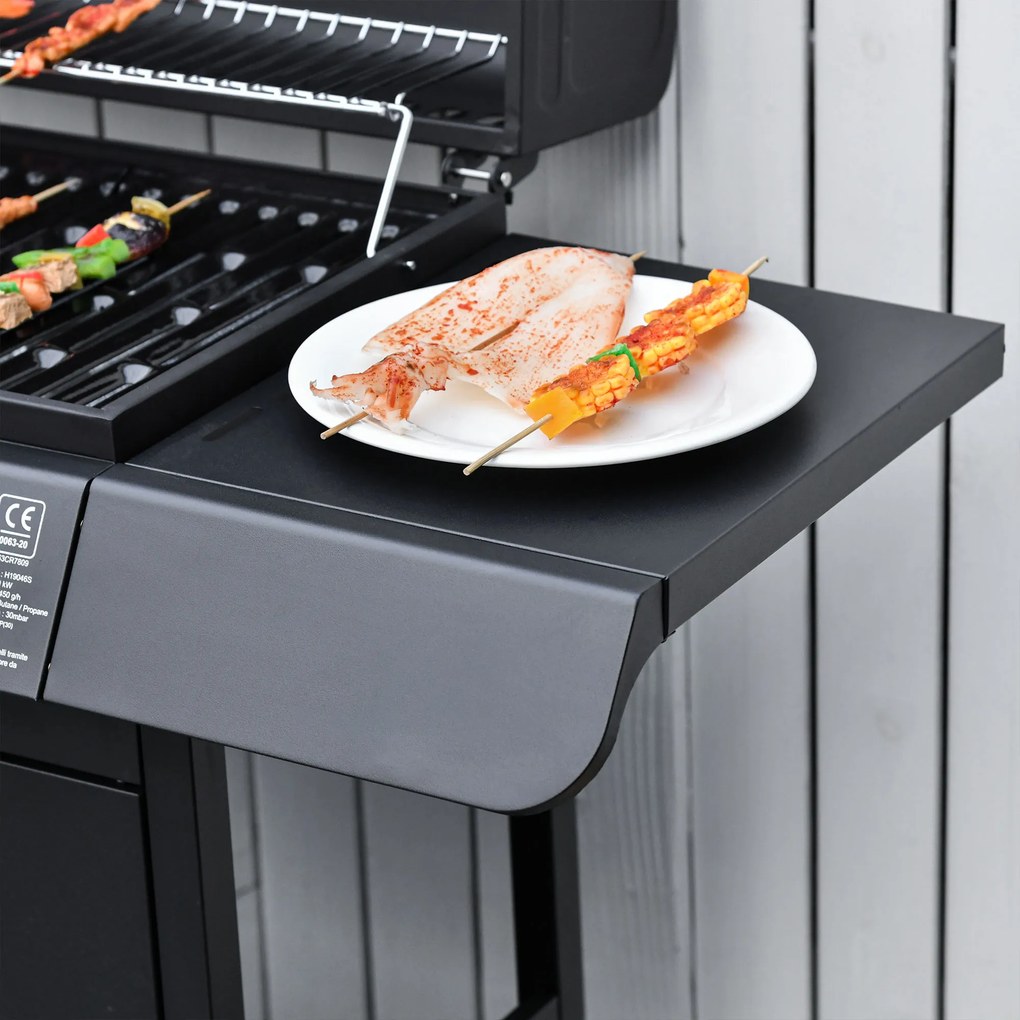 Outsunny Gratar cu Gaz cu Capac si Arzator Lateral, Termometru si 2 Roti