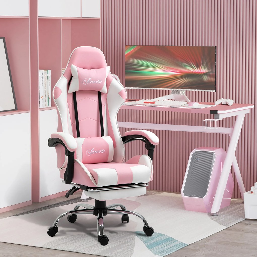Vinsetto Scaun Gaming Ergonomic Reclinabil cu Tetieră, Pernă Lombară, Înălțime Reglabilă, Roz și Alb | Aosom Romania