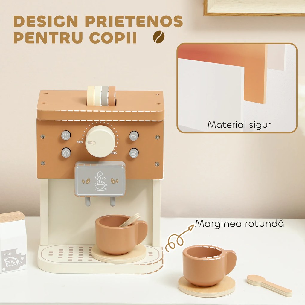 AIYAPLAY Set de joacă cu mașină de cafea din lemn, pentru copii de 3 ani cu accesorii, Maro | Aosom Romania