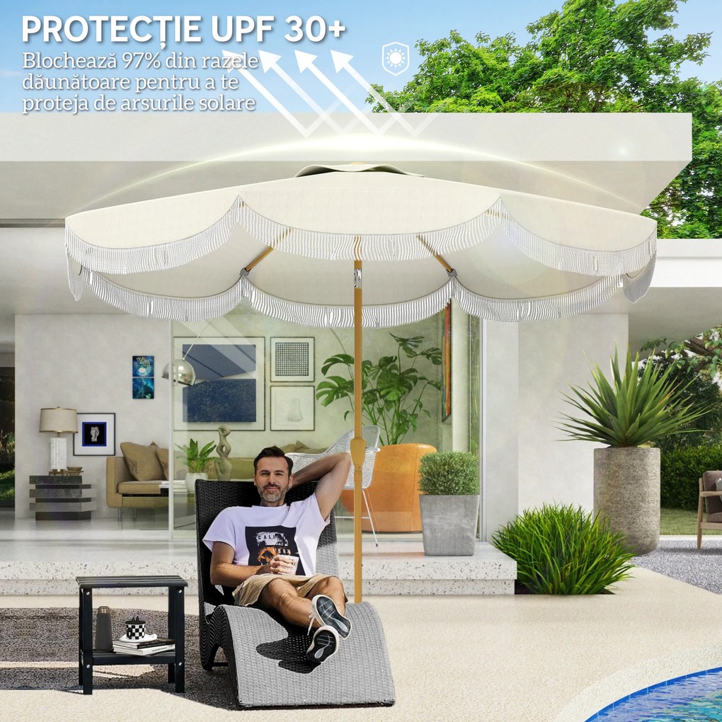 Outsunny Umbrelă Boho de Ø2.7 m pentru Exterior cu Protecție UV30+, Manivelă Manuală și Acoperiș Dublu cu Franjuri Bej | Aosom Romania