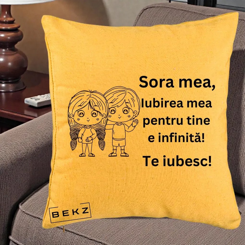 Cadou pentru Sora - Perna Personalizata Sora Mea Te Iubesc Copii Anime Line Art, 40x40 cm, Galben, Husa Detasabila, Perna Inclusa, BEKZ®