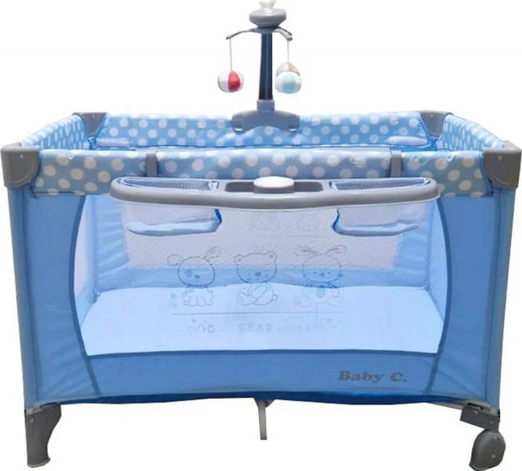 Patut Pliabil si Tarc copii Baby Care™ PRO FMAT, 2 Niveluri de inaltime, Cu melodii si Masa infasat, Carusel cu jucarii din plus, Plasa insecte,