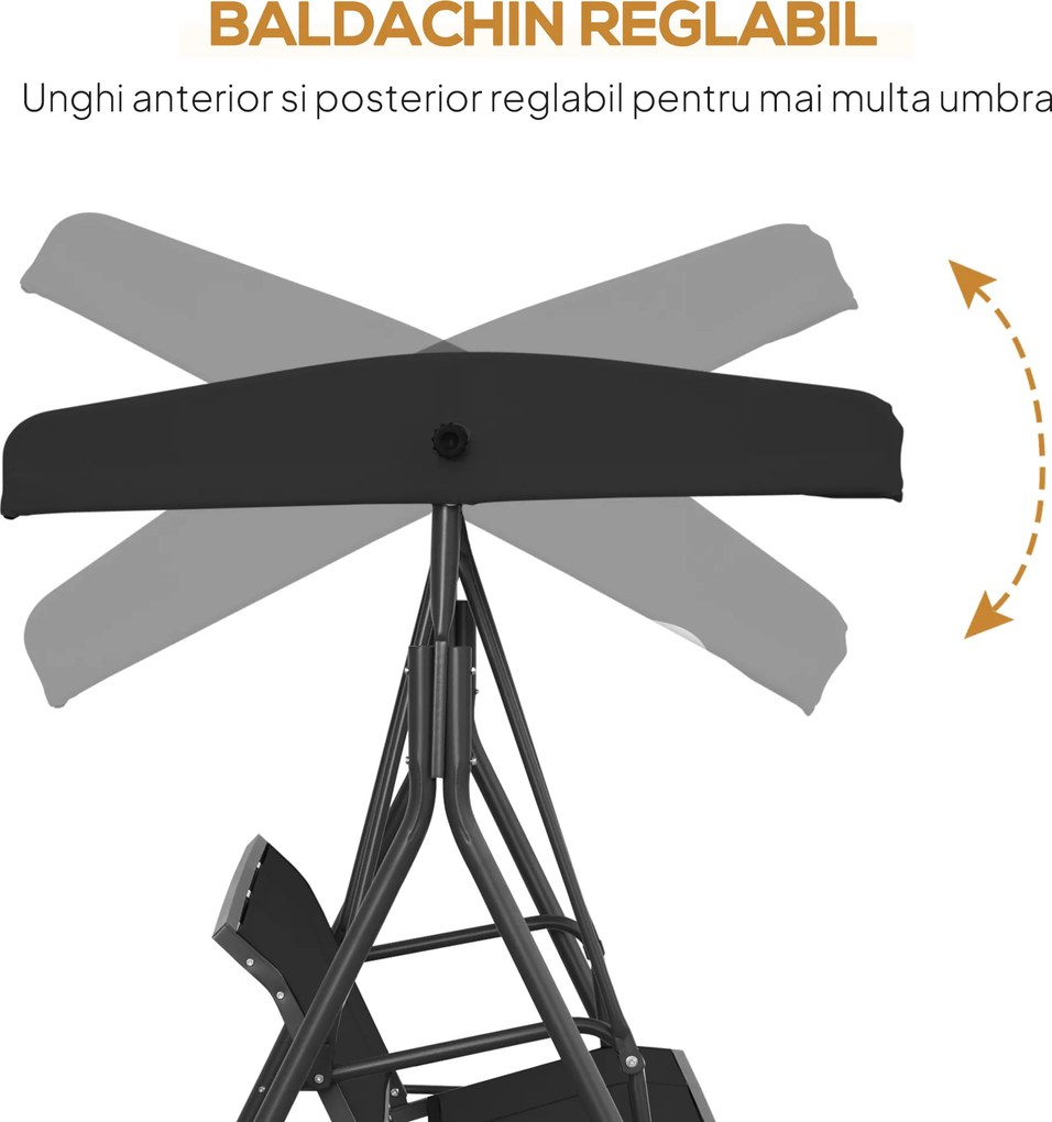 Outsunny Leagăn de Grădină pentru 3 Persoane cu Acoperiș, Șezut Respirabil și Cadru din Oțel, Negru | Aosom Romania