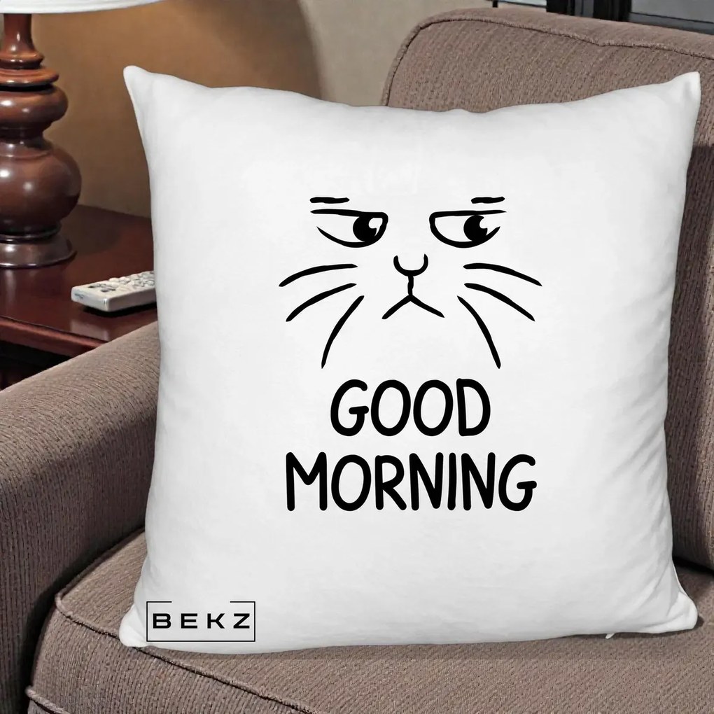 Perna Decorativa Pisica Morocanoasa Good Morning, 40x40 cm, Alb Pufos, Husa Detasabila, Perna Inclusa, BEKZ®