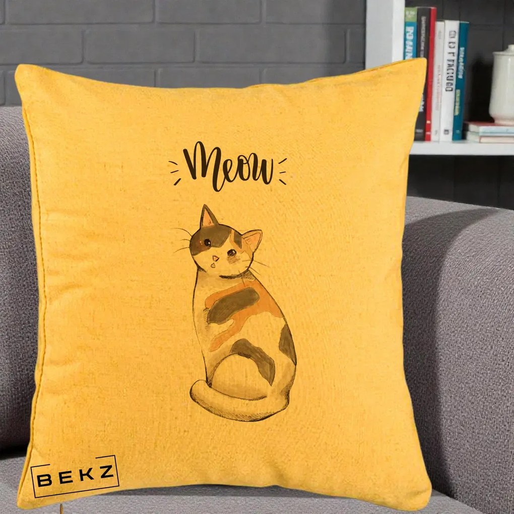 Perna Personalizata Pisica Meow Acuarela, 40x40 cm, Galben, Husa Detasabila, Perna Inclusa, BEKZ®