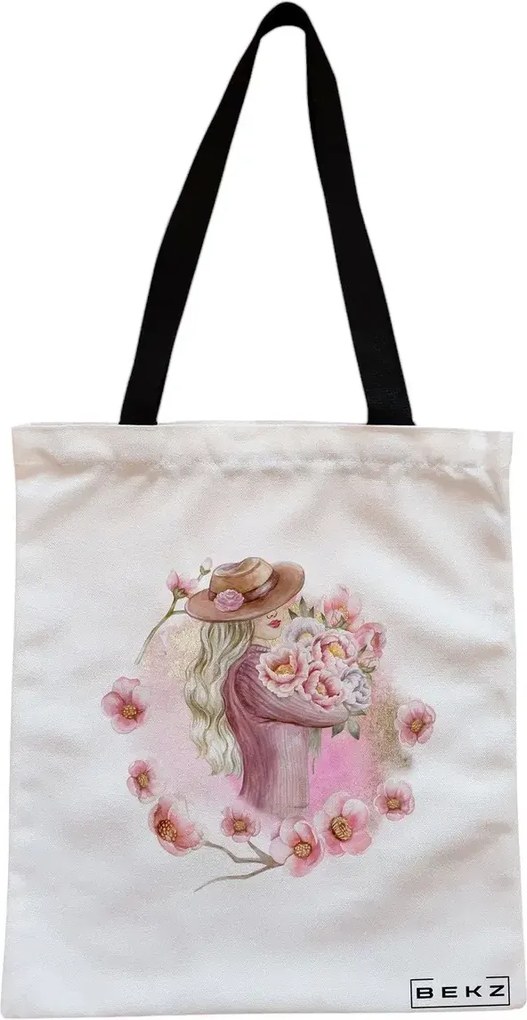 Sacosa de Panza pentru Cumparaturi, Geanta Tote, model Floral Romance, Cu fermoar, 38x34.5 cm, Alba, BEKZ®
