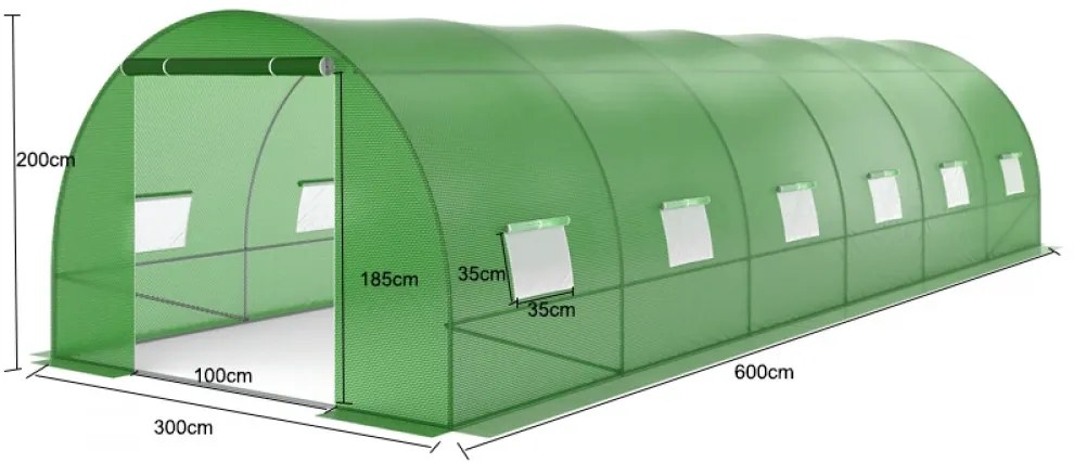 Folie solar de grădină, 3x6 m, 18 m², PE armată, rezistentă 140g/m2, cu filtru UV4, impermeabila,12 ferestre rulante, Verde, GH36C,