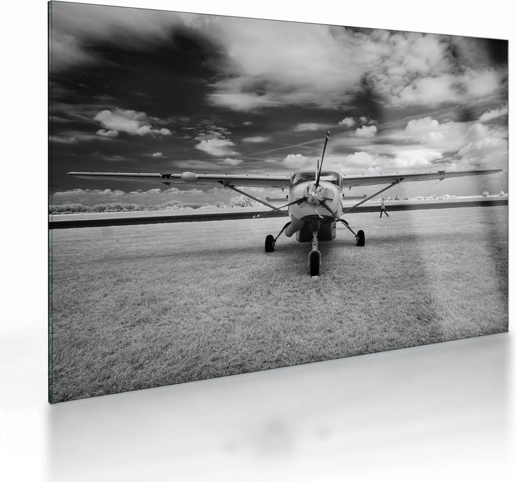 Tablou pe sticlă - Avion alb-negru și alb-negru (70x50 cm)