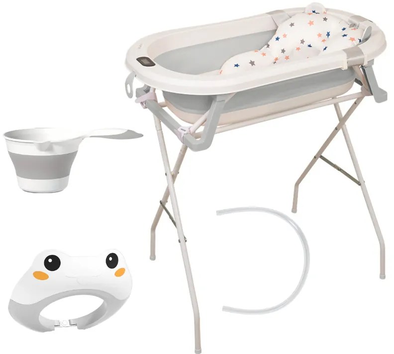 Set  pentru baita bebelusului 4 in 1 Kidizi Folda Plus include cadita pliabila cu termometru, dop si furtun, hamac ajustabil, stand pliabil, cana clatire pliabila, viziera ajustabila  culoare gri