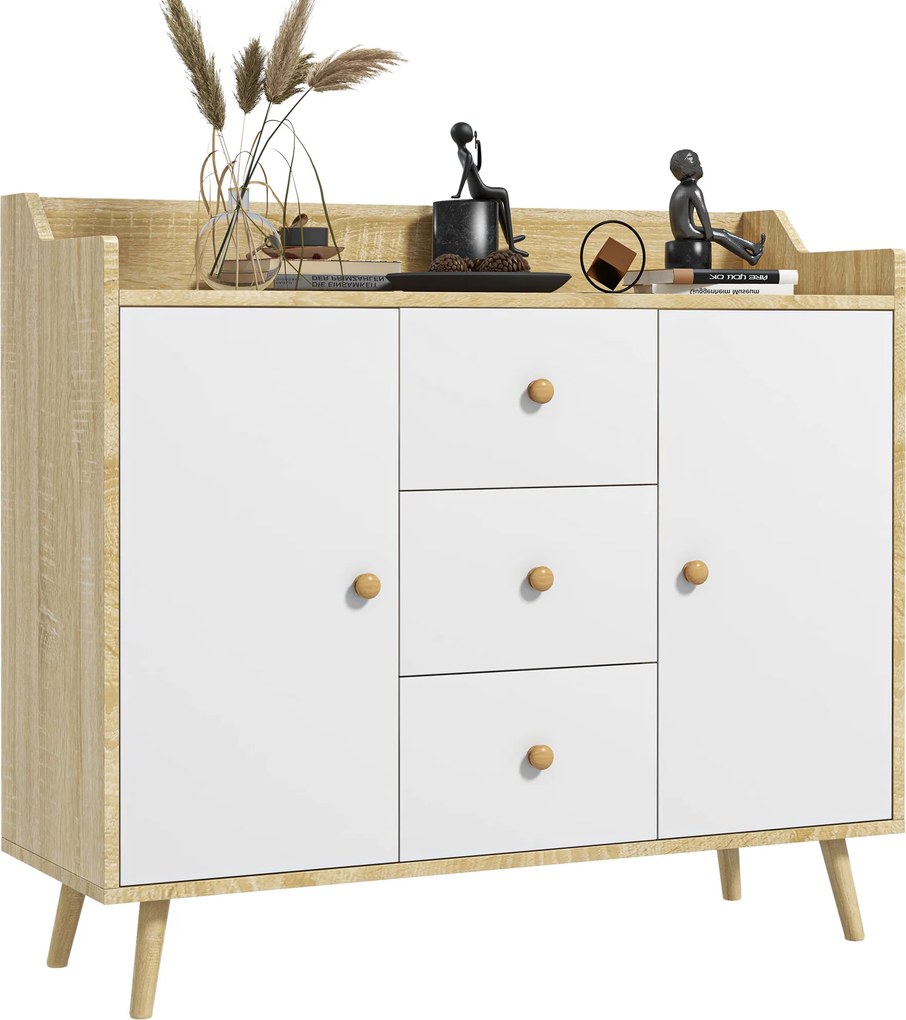 HOMCOM Comodă cu 3 Sertare și 2 Dulapuri cu Rafturi, Bufet Modern din PAL și Lemn de Pin, 90x32x80 cm, Alb | Aosom Romania