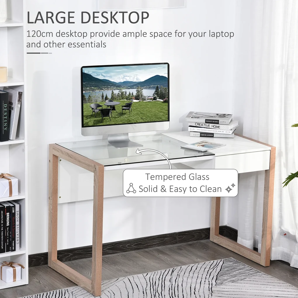 HOMCOM Masă de Birou Elegantă din Lemn și Sticlă Temperată, Design Modern cu Sertar, pentru Acasă sau Birou, 120x60x75cm | Aosom Romania
