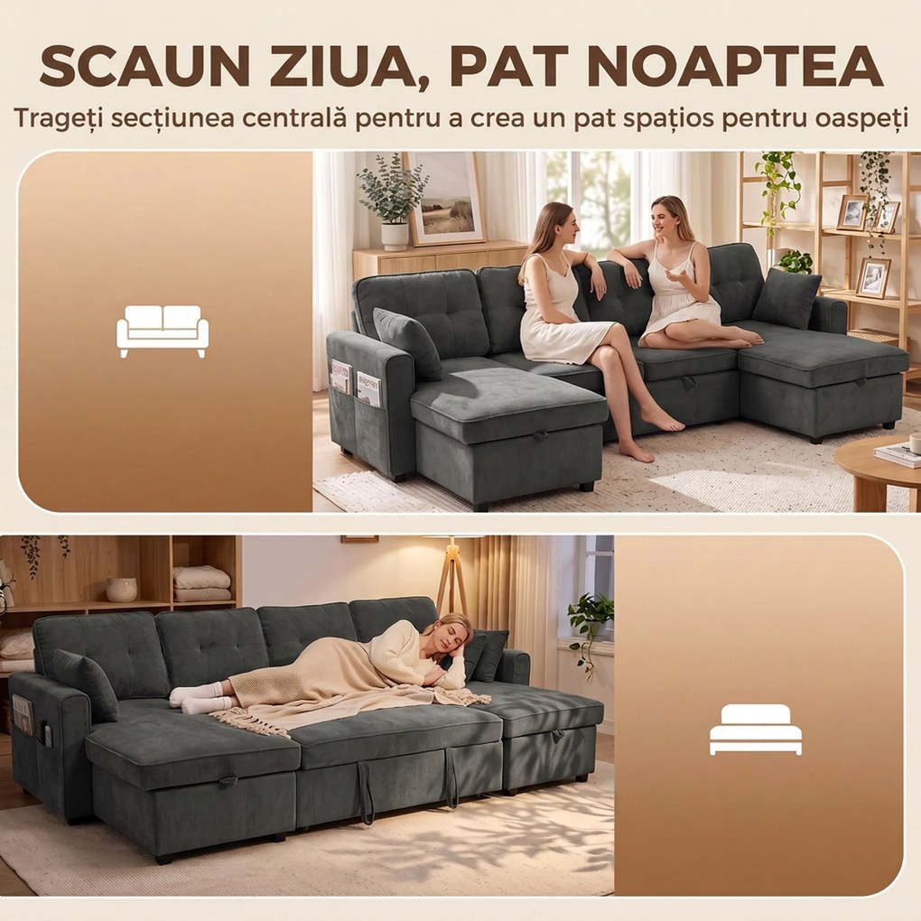 HOMCOM Canapea extensibilă mare în U, cu 2 șezlonguri, depozitare și 2 perne, chenille, gri închis | Aosom Romania