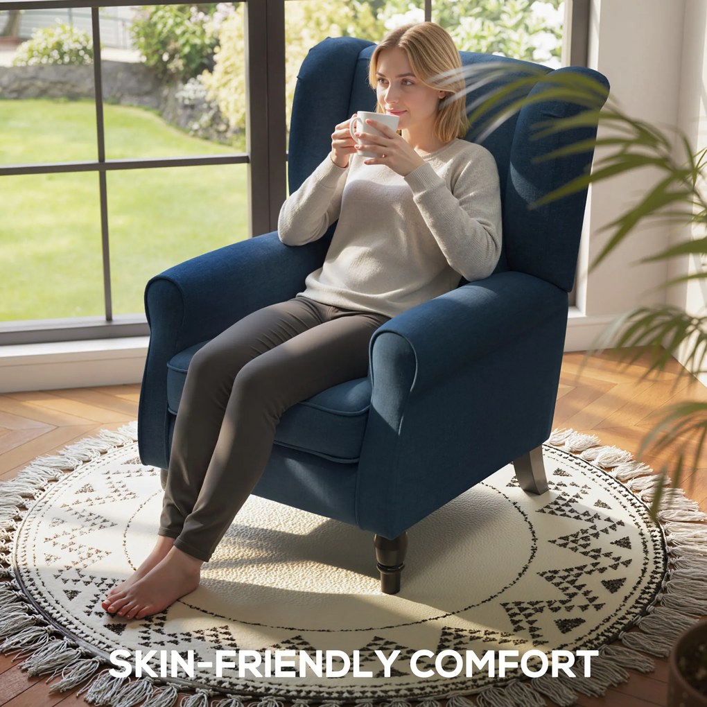 HOMCOM Scaun Decorativ Capitonat cu Spatar Inalt, Cotiere Rotunjite Captusite și Sezut cu Captuseala Groasa, Albastru | Aosom Romania