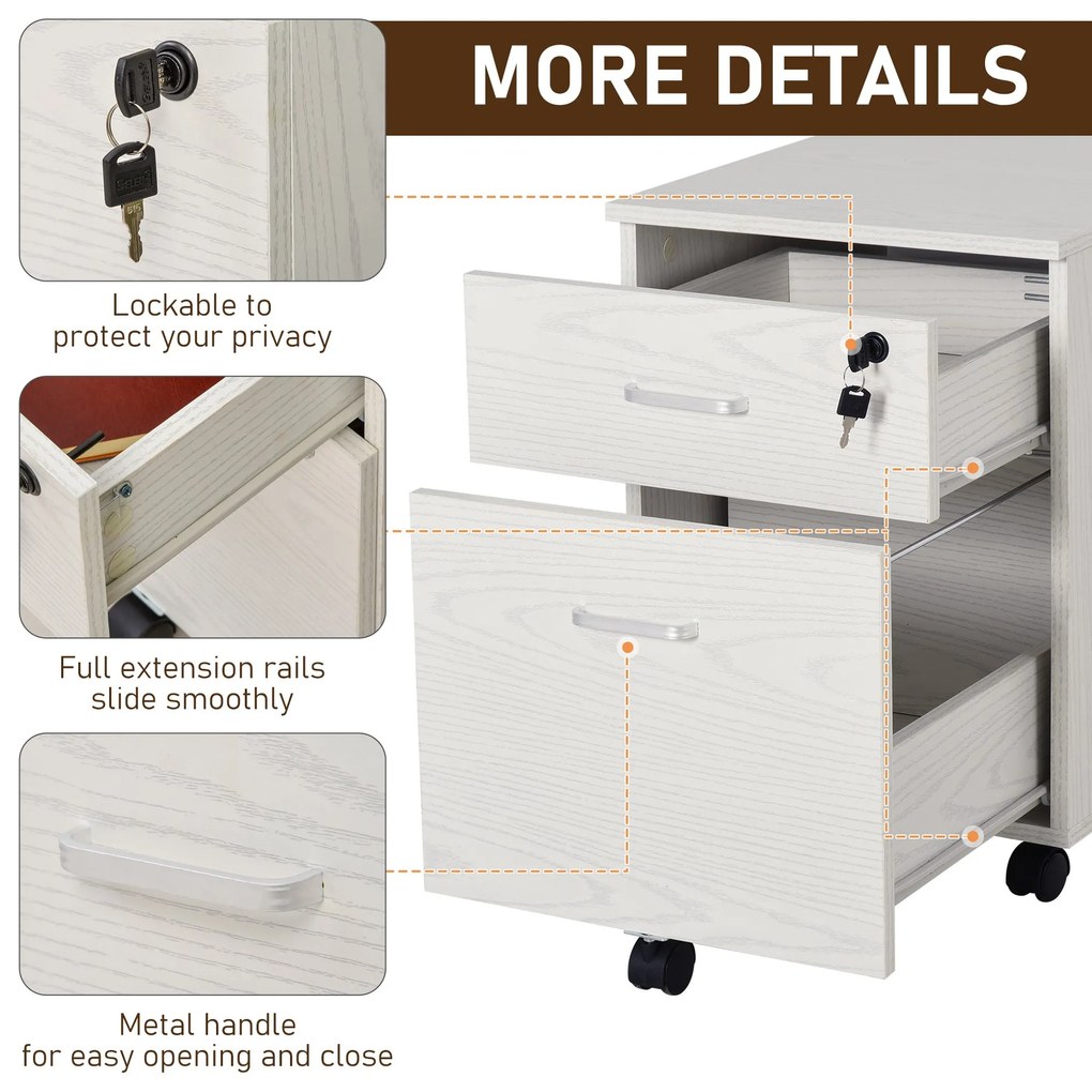 Vinsetto Dulap cu Sertar, cu 2 chei si cu 5 roti, dulap pentru depozitare documente, 40x44x54.6 cm, Design Compact, Alb | Aosom Romania