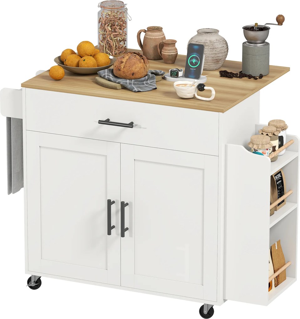HOMCOM Insulă de bucătărie, cărucior pe roți, cu blat pliant, sertar, raft, 120 x 68 x 85 cm, Alb | Aosom Romania