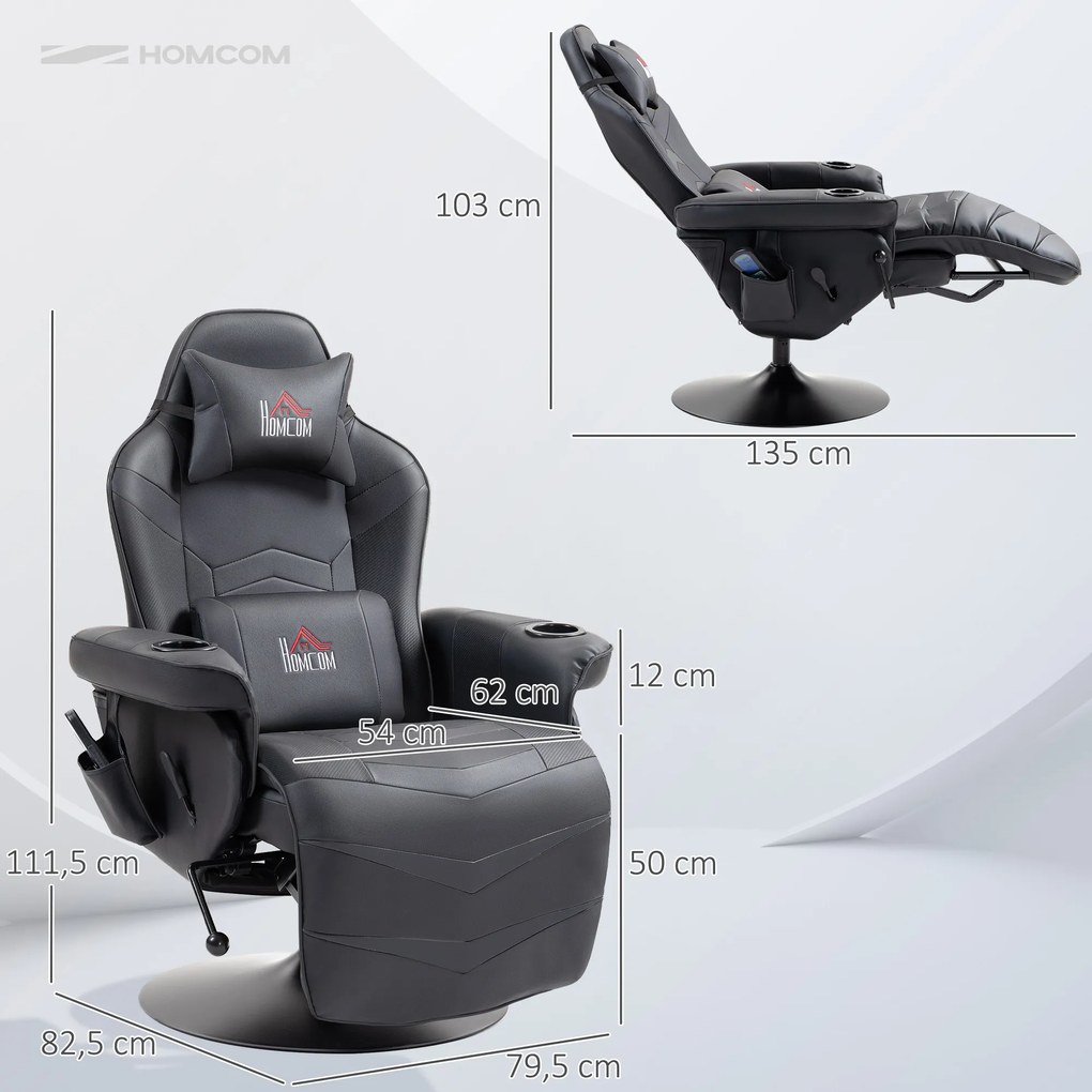 HOMCOM Fotoliu de gaming, Funcție de masaj, Spătar reglabil, Suport pentru picioare, până la 120 kg, Cadru din oțel, Piele ecologică, Negru | Aosom Romania