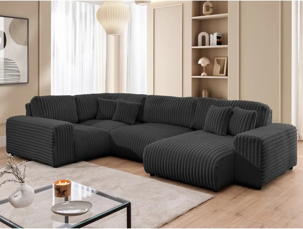 Colțar gri închis cu tapițerie din catifea reiată (cu colț pe partea stângă/în formă de "U") Justin – Ropez