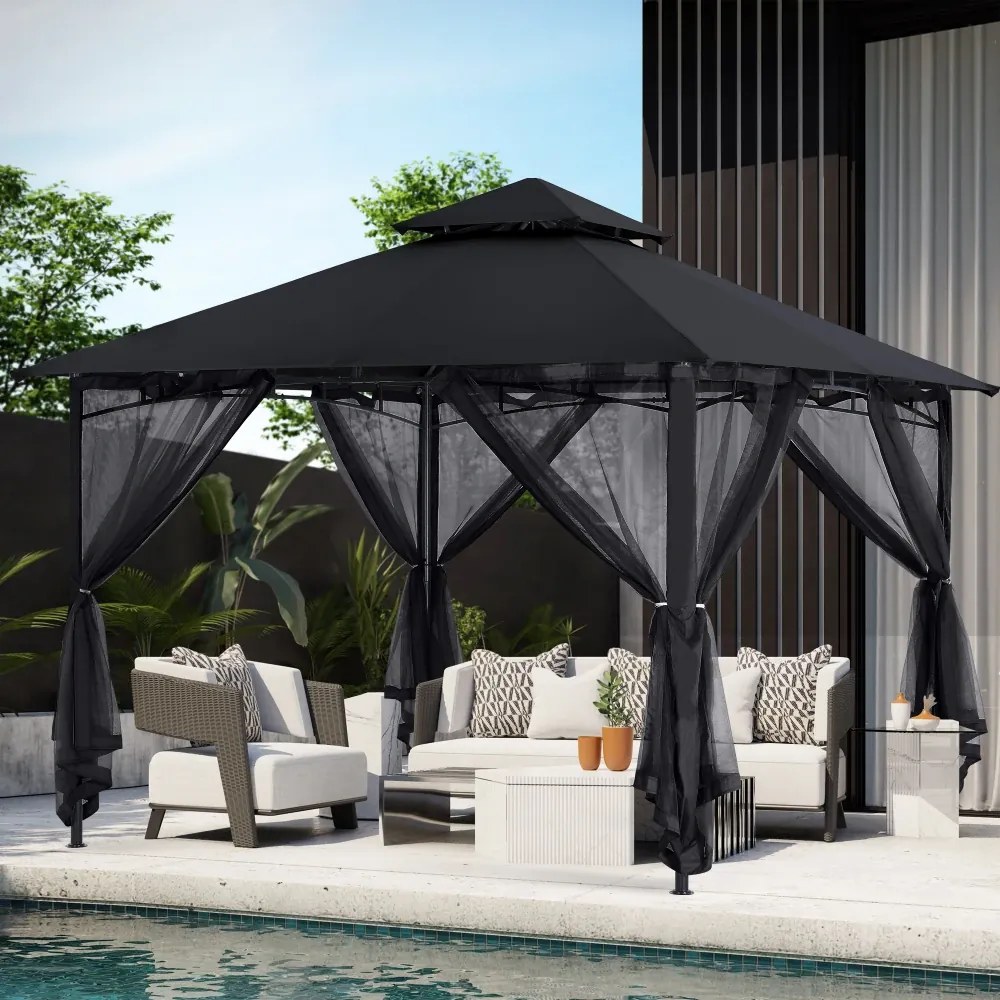 ABCCANOPY Foișor de gradina 3.3x3.3 m - Foișor exterior cu cadru din oțel și plasă de țânțari pentru gazon, curte, grădină, terasă, Negru