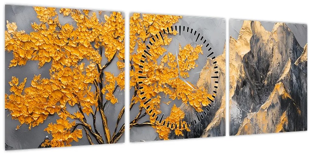 Tablou – Arbore auriu în munți (cu ceas) (90x30 cm)